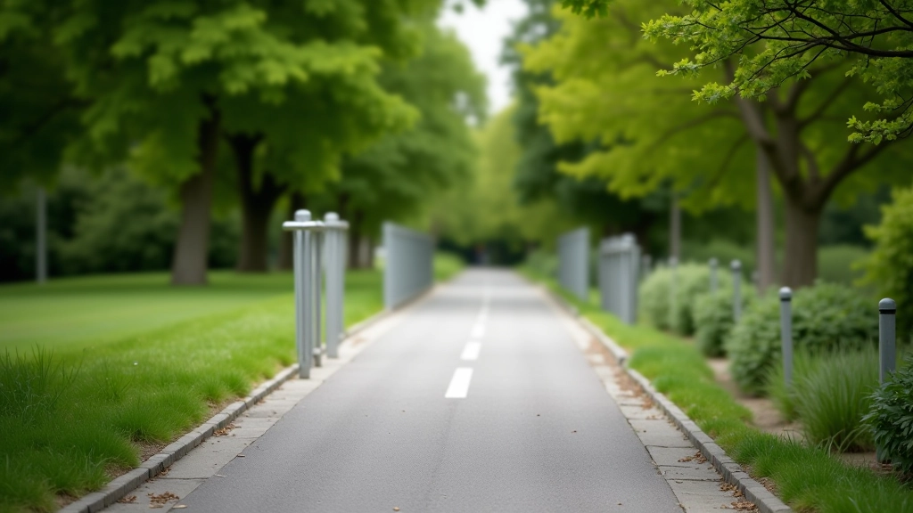 Wide paved pathway with handrail in a park setting, accessible and well-maintained