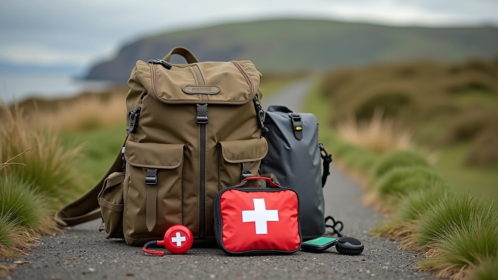 Backpack with safety whistle, first aid kit, and emergency items laid out on ground