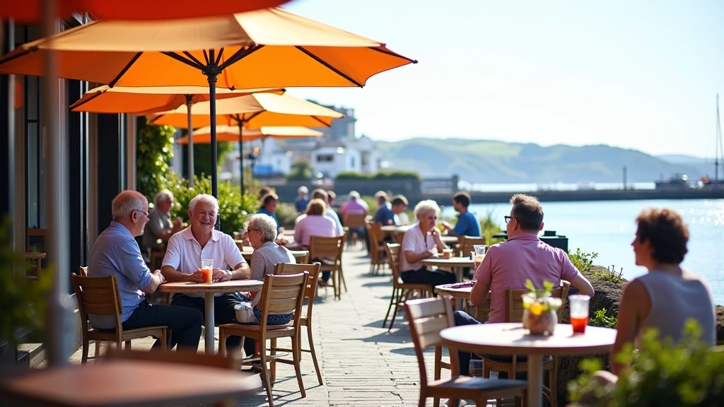 Colorful waterfront cafe with outdoor seating area, tables with umbrellas, people enjoying refreshments with harbour view