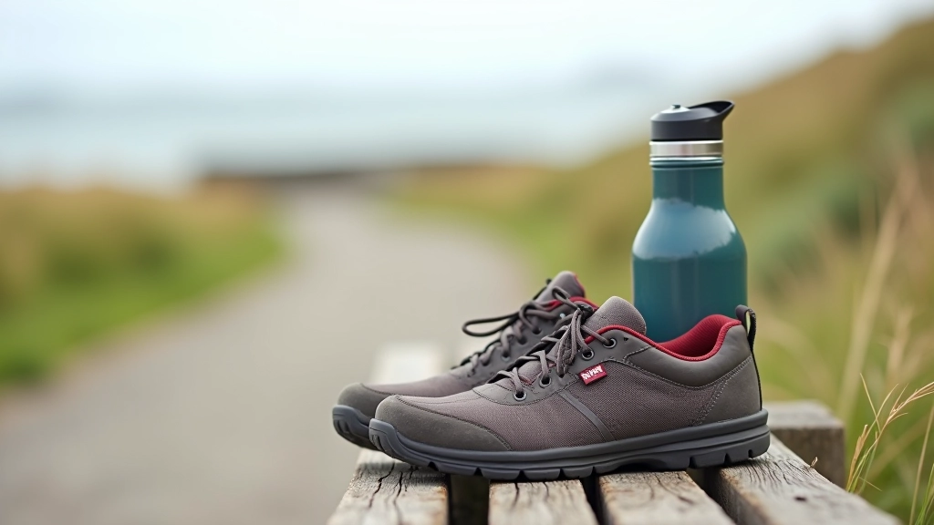Walking shoes and water bottle placed on outdoor bench overlooking coastal scenery