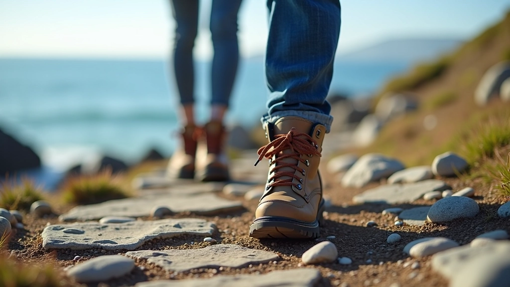 Close-up of hiking boots on rocky coastal path with ocean waves visible in background