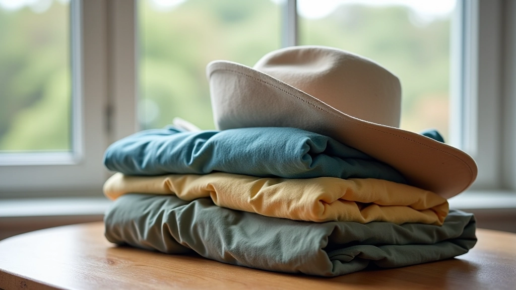 Layers of clothing folded neatly including lightweight jacket and sun hat for coastal walk
