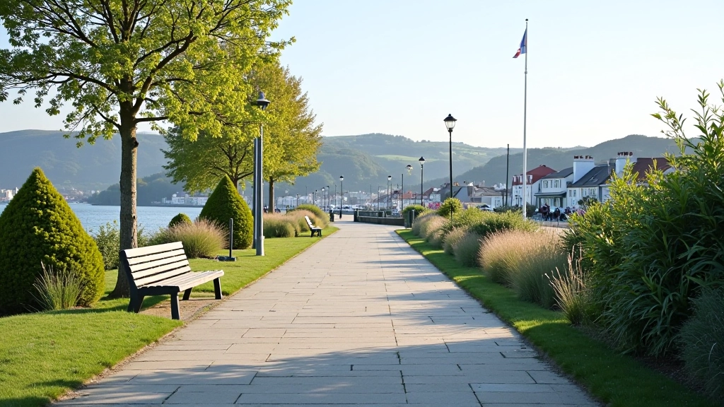 Well-maintained paved pathway along the waterfront with clear markings and benches visible in the distance