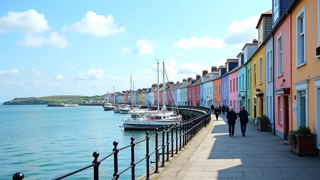Peaceful harbour view with colourful waterfront buildings reflected in calm blue water at Cobh