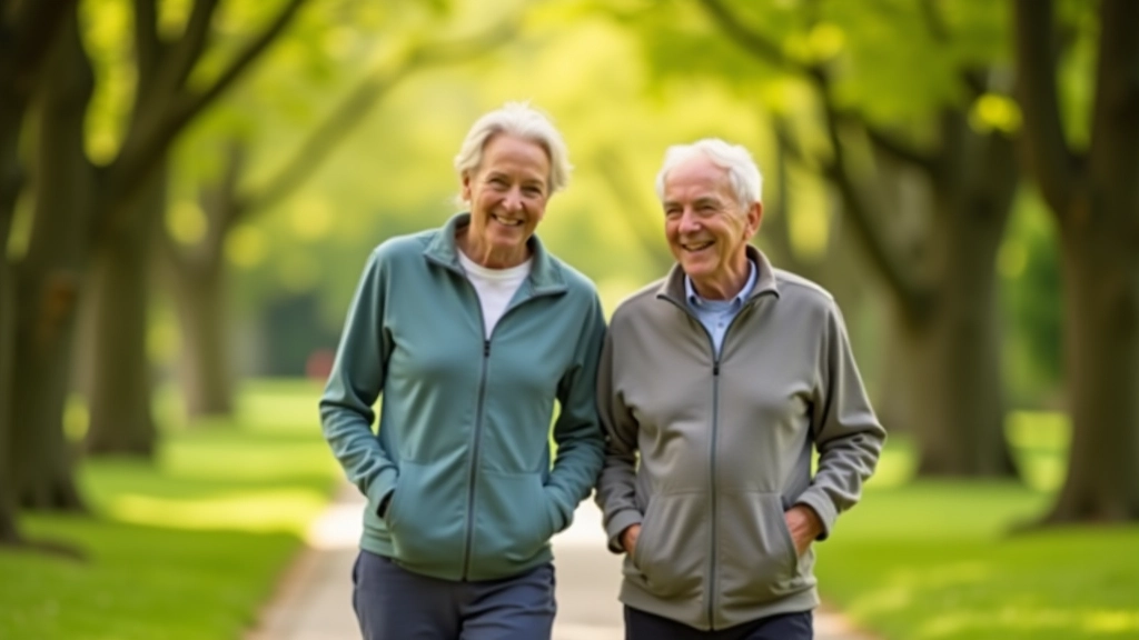 Senior couple walking on a well-maintained pathway with trees and dappled sunlight, smiling and relaxed