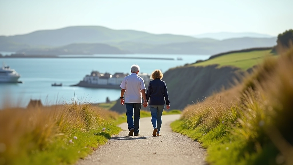 Seniors enjoying a peaceful walk along the Cobh coastal pathway with harbor views