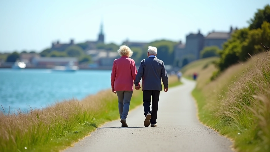 Coastal pathway along Cobh Harbour with blue water and historic buildings visible in the distance