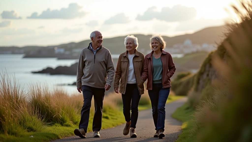 Group of senior adults walking together on coastal path, smiling and enjoying the scenic Cobh Harbour landscape