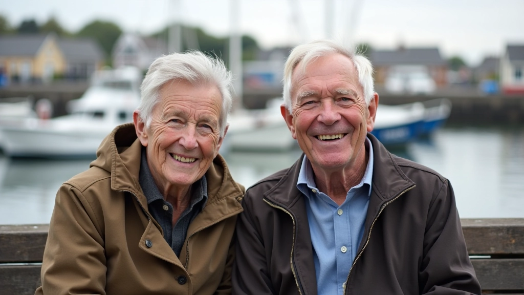 Seniors relaxing on a waterfront bench with scenic harbour views, enjoying peaceful moment together