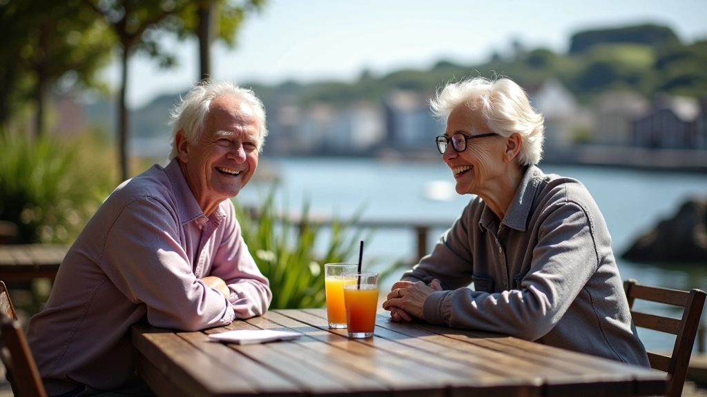 Two senior friends sitting at outdoor café table enjoying tea and conversation with coastal view