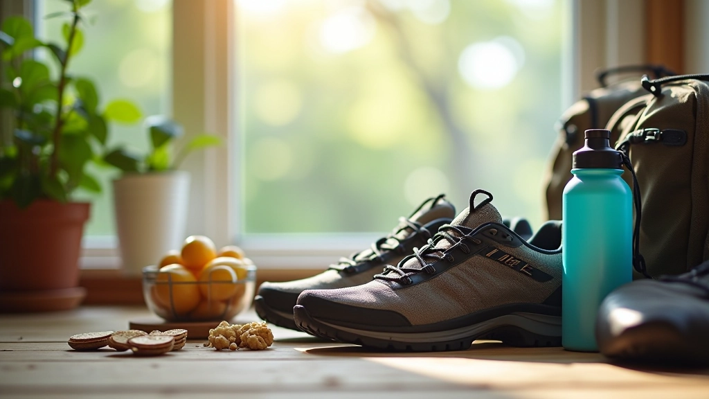 Comfortable walking shoes and hiking gear laid out on a wooden table with a water bottle and map visible