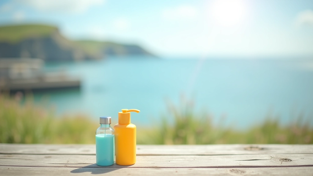 Water bottle and sunscreen bottle sitting on wooden picnic table with ocean backdrop
