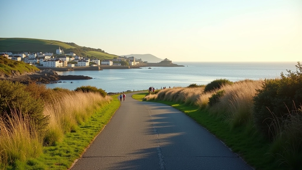 Scenic coastal path along Cobh Harbour with blue water, historic buildings, and gentle walking route visible in morning light