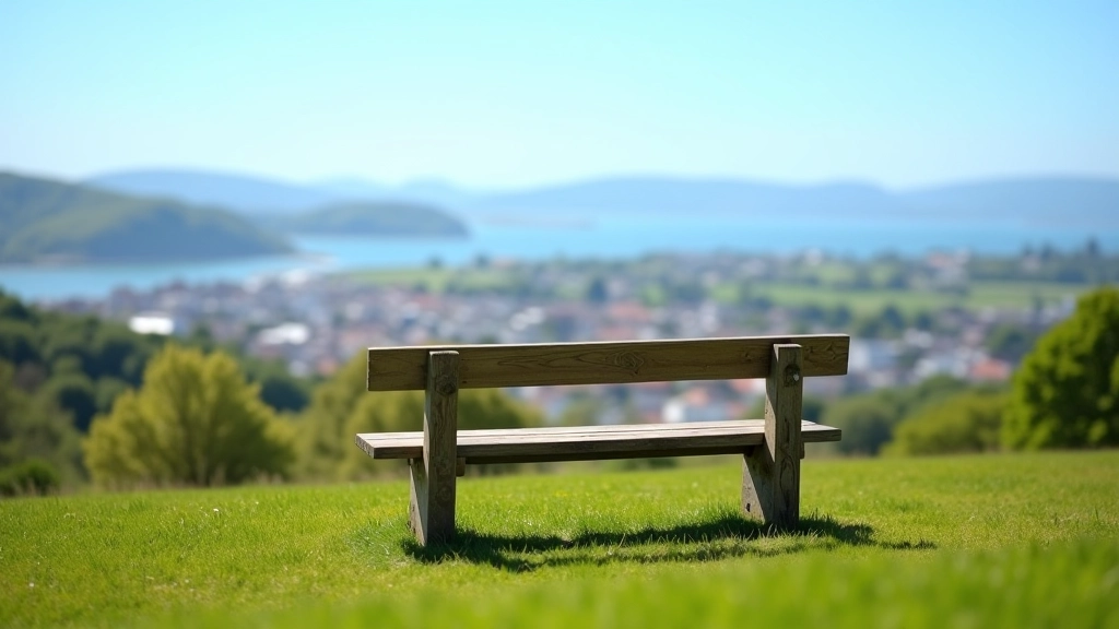 Wooden bench on a hillside overlooking a coastal town and harbour with water visible in the distance and green fields