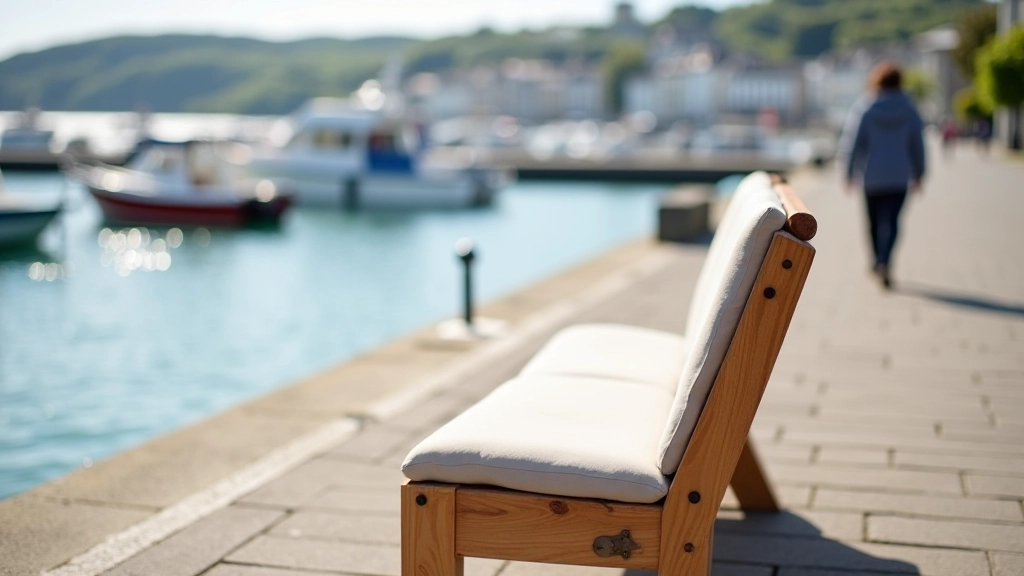 Peaceful waterfront bench with cushioned seating overlooking calm Cobh Harbour waters on sunny afternoon