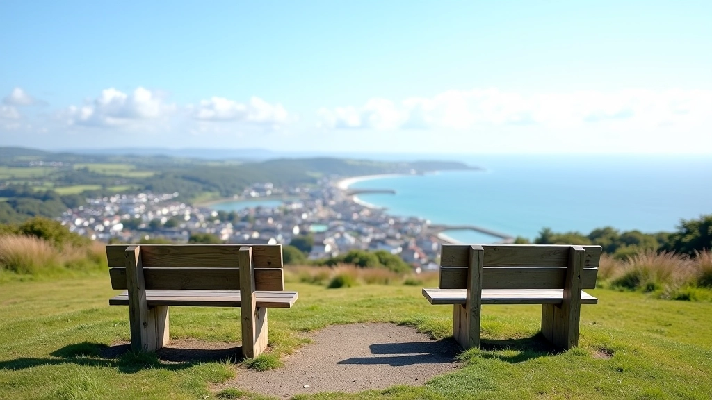 Scenic hilltop overlook with wooden benches, panoramic views of Cobh town and harbour stretching to horizon